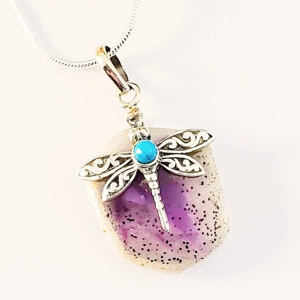 Super Amethyst 23 & Turquoise Dragonfly Sterling Silver Pendent